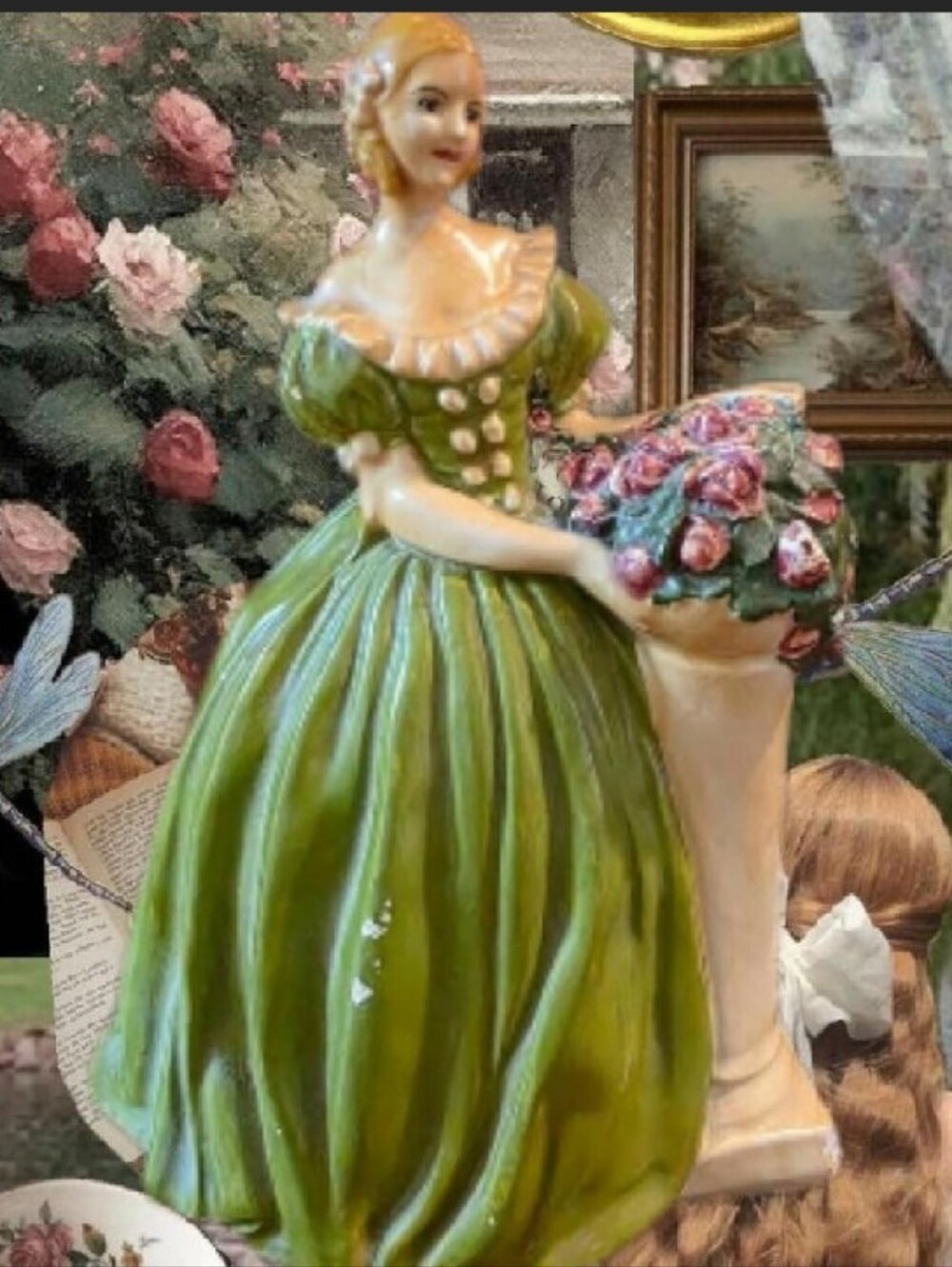Vintage Mid Century Victorian Style Lady With Flowers 8" Chalkware Figurine